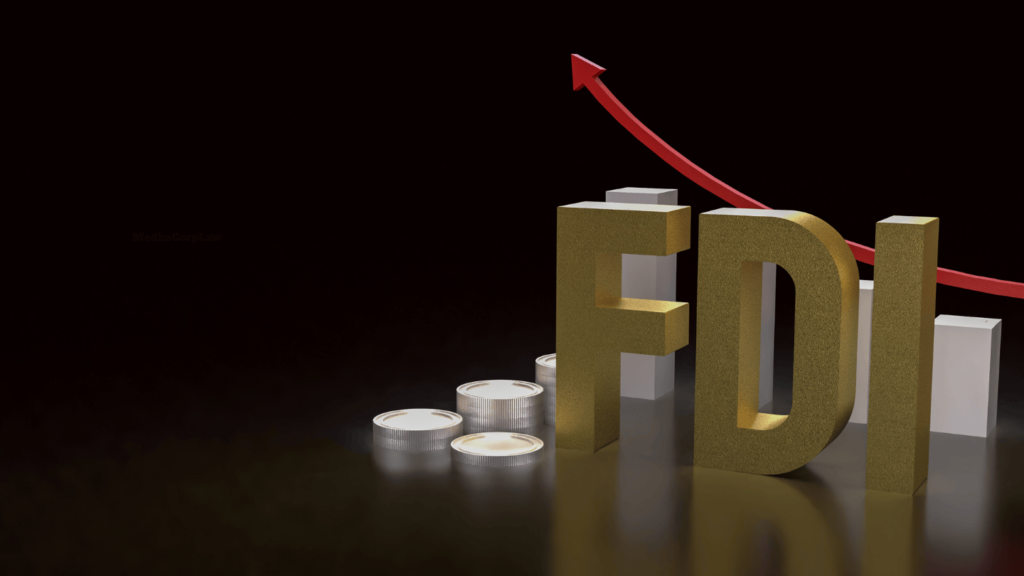 FDI process in Nepal with Department of Industry, Investment Board Nepal, and Nepal Rastra Bank showing application form, project proposal, MOA/AOA, passport, power of attorney, NRB approval request, and board resolutions for foreign investors.